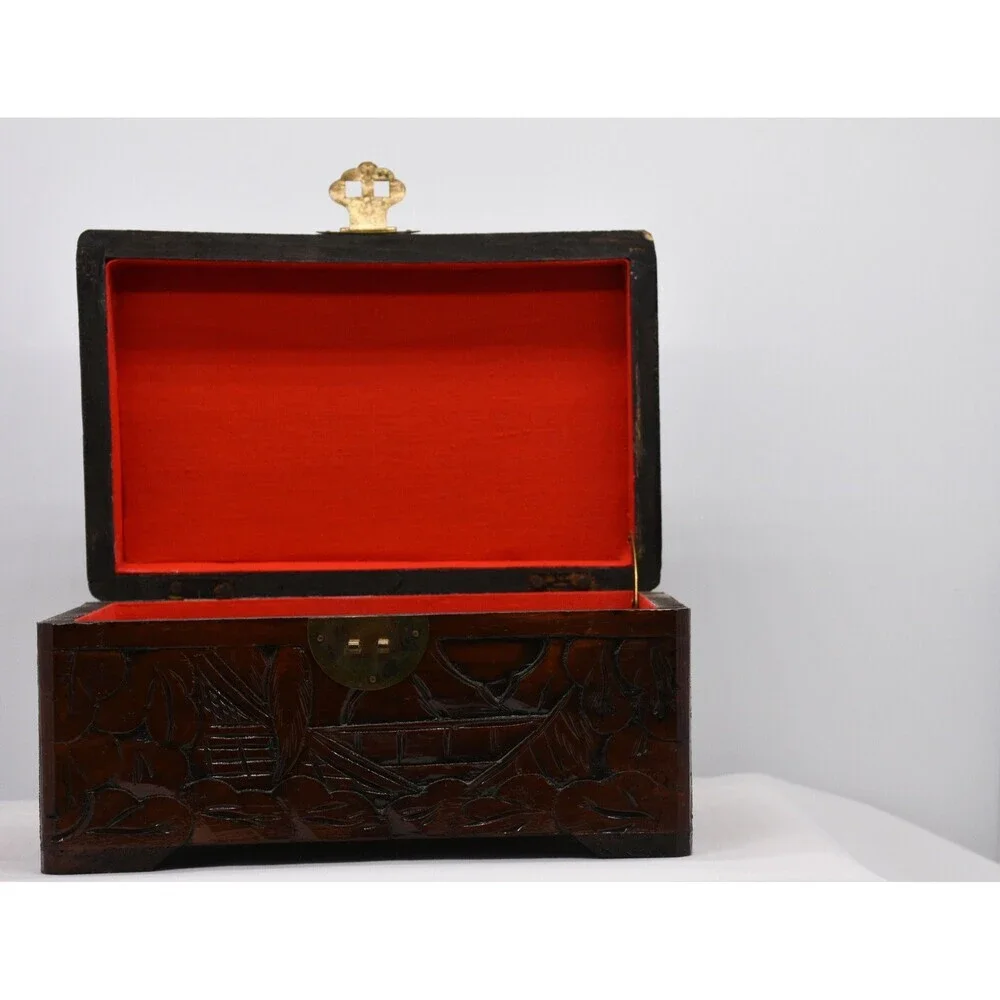 Classic Carved Asian Wooden Box with Red Felt Lining